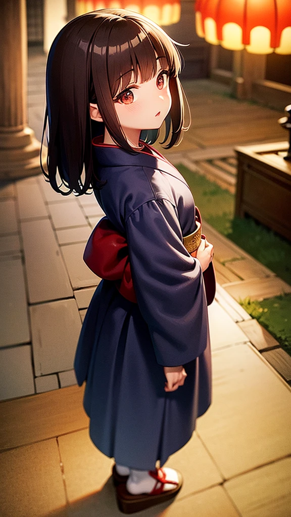 masterpiece, best quality, extremely detailed, anime, middle school girl, kimono, whole body, from head to foot, wooden clogs, dark brown hair, profile, embarrassing, dark brown eye, japanese festival, paper lantern, shrine, night