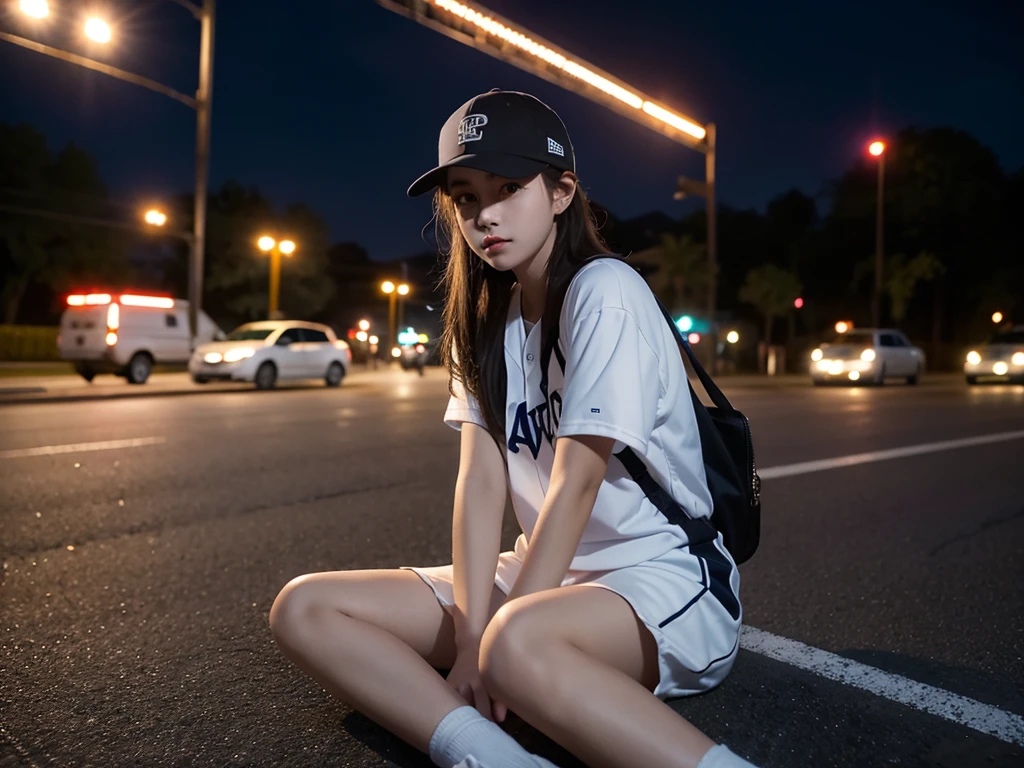 A girl，night，Put on a baseball cap，Sitting on the roadside，Street Lights