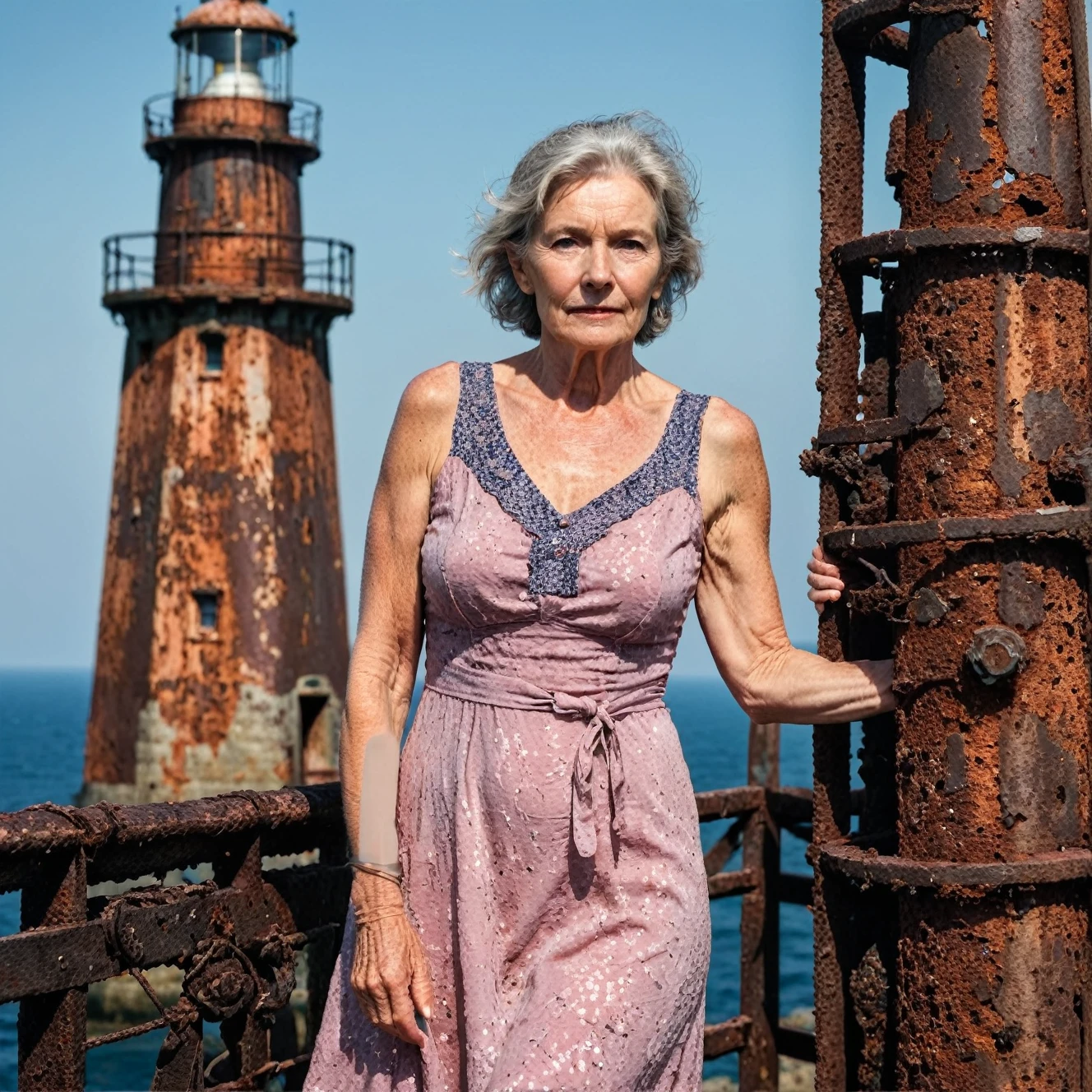 RAW photo, full body portrait of a beautiful 70 year old woman, wrinkled face, pink summer dress, she stands on  a rusty trellis of a lighthouse on the north sea, full sharp, detailed face, blue eyes, (high detailed skin:1.2), 8k uhd, dslr, soft lighting, high quality, film grain, Fujifilm XT3
dappled light on face, pale skin, skin pores, oiled shiny skin, skin blemish, imperfect skin, intricate skin details, visible skin detail, detailed skin texture, blush, wrinkles, vitiligo spots, moles, whiteheads, blackhead, white pimples, red pimples, beauty spot, skin fuzz, [[[[[freckles]]]]] (perfect eyes) 