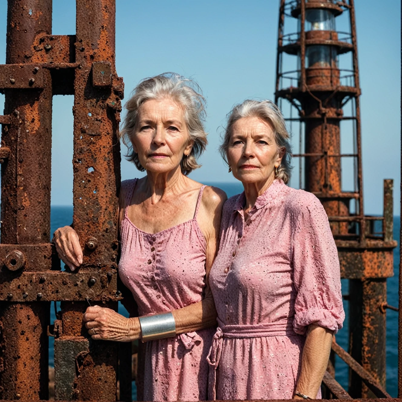 RAW photo, full body portrait of a beautiful 70 year old woman, wrinkled face, pink summer dress, she stands on  a rusty trellis of a lighthouse on the north sea, full sharp, detailed face, blue eyes, (high detailed skin:1.2), 8k uhd, dslr, soft lighting, high quality, film grain, Fujifilm XT3
dappled light on face, pale skin, skin pores, oiled shiny skin, skin blemish, imperfect skin, intricate skin details, visible skin detail, detailed skin texture, blush, wrinkles, vitiligo spots, moles, whiteheads, blackhead, white pimples, red pimples, beauty spot, skin fuzz, [[[[[freckles]]]]] (perfect eyes) 