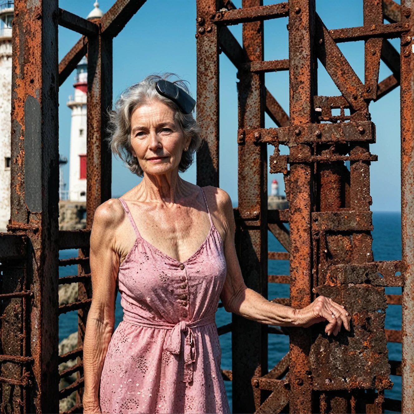 RAW photo, full body portrait of a beautiful 70 year old woman, wrinkled face, pink summer dress, she stands on  a rusty trellis of a lighthouse on the north sea, full sharp, detailed face, blue eyes, (high detailed skin:1.2), 8k uhd, dslr, soft lighting, high quality, film grain, Fujifilm XT3
dappled light on face, pale skin, skin pores, oiled shiny skin, skin blemish, imperfect skin, intricate skin details, visible skin detail, detailed skin texture, blush, wrinkles, vitiligo spots, moles, whiteheads, blackhead, white pimples, red pimples, beauty spot, skin fuzz, [[[[[freckles]]]]] (perfect eyes) 