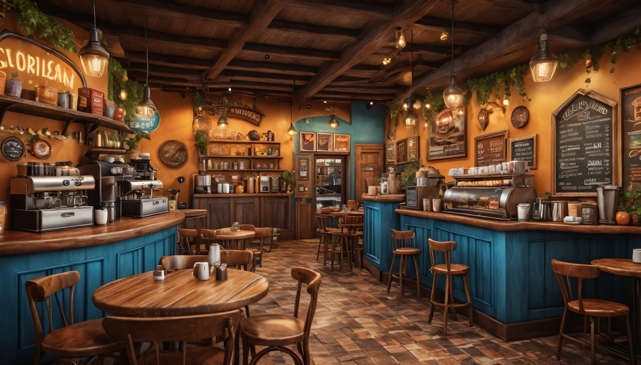 create an image demonstrating the style of ((Global Village Coffee House)) style, Hyperrealism, 8K high resolution, Vibrant colors, Sharp focus, Very detailed