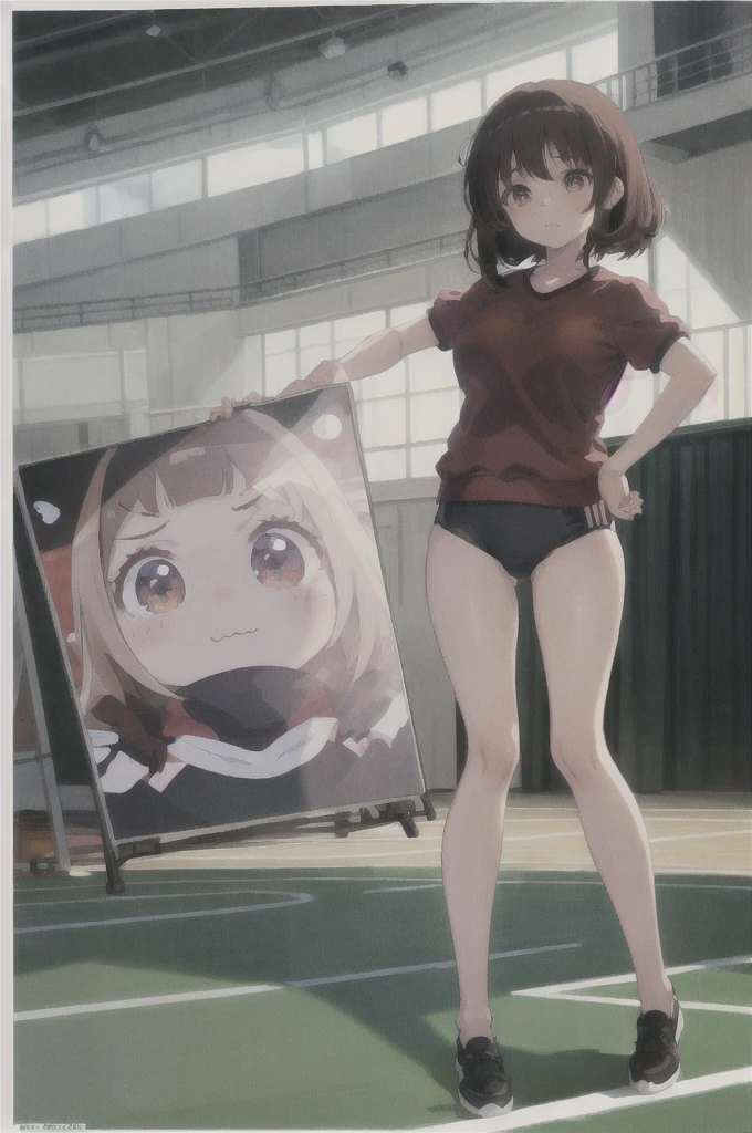 adjusting clothes, 
from behind.
cute face, kawaii, cute, very big eyes, Aesthetic Anime Eyes, small face,
(8K,  masterpiece, best quality, high resolution:1.3),
huge breasts, brown eyes, 
buruma, gym shirt,
1girl, 独奏,  school gym,

In underwear
