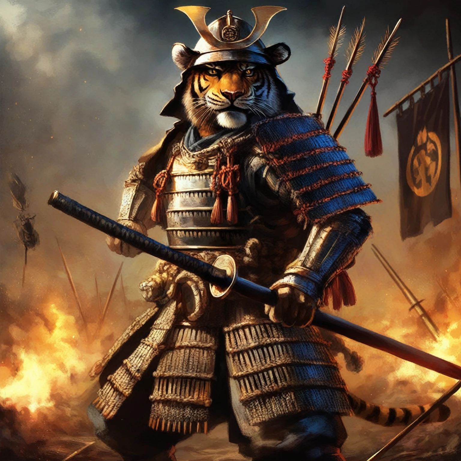 there is a tiger in a warrior suit holding a sword, warrior cat, epic warrior warrrior, warrior warrior, Japanese Warrior, Cat Warrior, Feudal Japan, japanese warrior, Feudal Japan art, Works inspired by Kano Hogai, as warrior, warrior portrait, ancient japanese warrior, warrior, warrior style, inspired by Kanō Sanraku