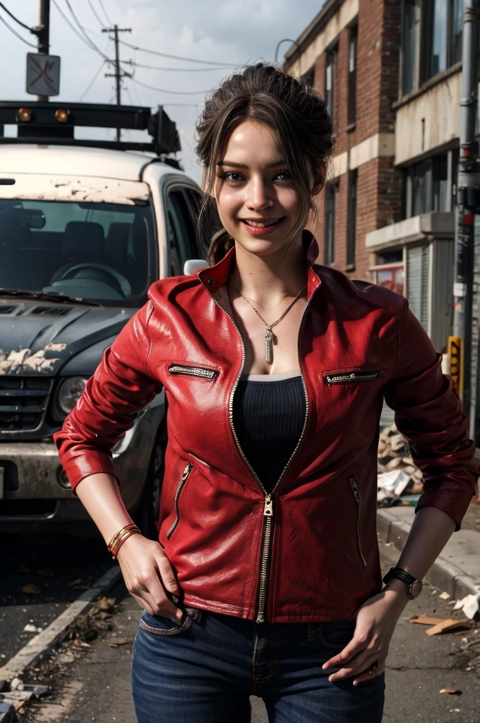 1girl, (realistic),(hyperrealism),(best quality),(masterpiece),(ultra high res),(photorealistic),idol,eye makeup,detailed eyes,detailed face,black dress, claireredfield2, brown hair, (red jacket:1.2), ponytail, (denim pants:1.3),, red wristband,, abandoned street, burning cars in background, littered street, smoke, chaos, zombie apocalypse, daytime, sunny,, hands in pocket, looking at viewer, smiling, closeup shot