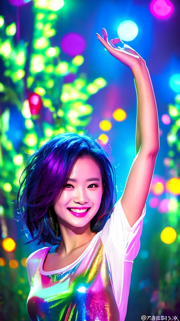 4K airbrush oil painting shiny skin, beautiful indonesian woman, short shoulder length hair in rocker clothes, torn t-shirt, torn tights, looking at the camera smiling and happily raising her hands, catching falling glowing neon hearts, raining small neon hearts, blue face glowing, happiness lights up his face, on the background of a magical night forest, neon light, soft bokeh,