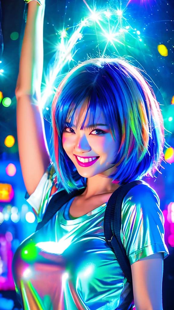 4K airbrush oil painting shiny skin, beautiful indonesian woman, short shoulder length hair in rocker clothes, torn t-shirt, torn tights, looking at the camera smiling and happily raising her hands, catching falling glowing neon hearts, raining small neon hearts, blue face glowing, happiness lights up his face, on the background of a magical night forest, neon light, soft bokeh,