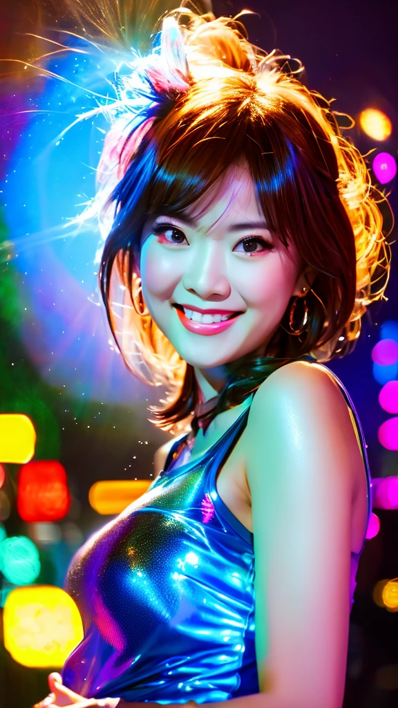 4K airbrush oil painting shiny skin, beautiful indonesian woman, short shoulder length hair in rocker clothes, torn t-shirt, torn tights, looking at the camera smiling and happily raising her hands, catching falling glowing neon hearts, raining small neon hearts, blue face glowing, happiness lights up his face, on the background of a magical night forest, neon light, soft bokeh,