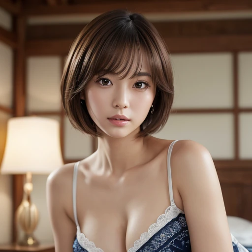 (masterpiece:1.3), (8K, Realistic, RAW Photos, Best image quality: 1.4), Japanese 、(Random Hairstyles:1.2)、Cleavage:1.2、Highly detailed face、Attention to detail、Sharp focus:1.2、Beautiful woman:1.4、Light brown hair、Highest quality、masterpiece、Ultra-high resolution、(Realistic:1.4)、Highly detailed and professionally lit smiles、Loose, Shoulder out、thin、Serious expression、Short-haired、Deadly position