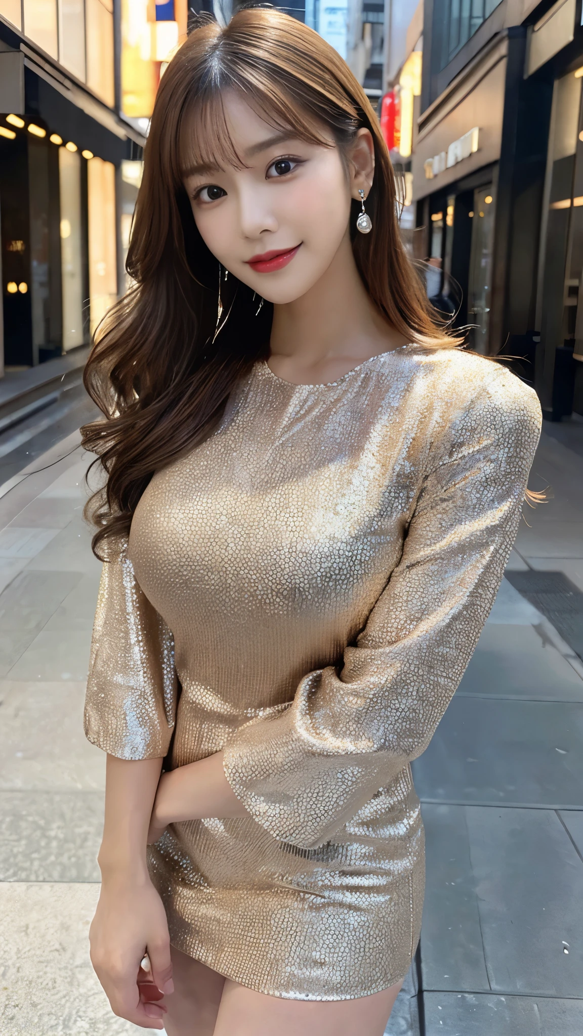 (Detailed skin:1.2),(Shiny skin:1.1),8K,Highest quality, masterpiece, Ultra-high resolution,(Realistic:1.4), RAW Photos,(Soft saturation:1),(Fair skin:1.2),Half-Japanese beauty,repair,20 years, Light brown hair,Random Hairstyles, (Long Hair:1.2), Asymmetrical Hair, (Pretty face:1.4), (Large Breasts, Tight waist,Big firm hips:1.2), Beautiful lighting, (sexy mini dress:1.2),(Highly detailed face, Highly detailed lips, fine grain, double eyelid,Highly detailed and evenly balanced eyes), (Sharp focus:1.2), (Perfect Anatomy:1.2),(Beautiful woman with perfect figure: 1.2)、(Random sexy poses),(Accentuate your leg lines:1.1)、Sharp Eyes,smile,(Full Body Shot:1.2),Standing Pose,(Blur the background:1.2)