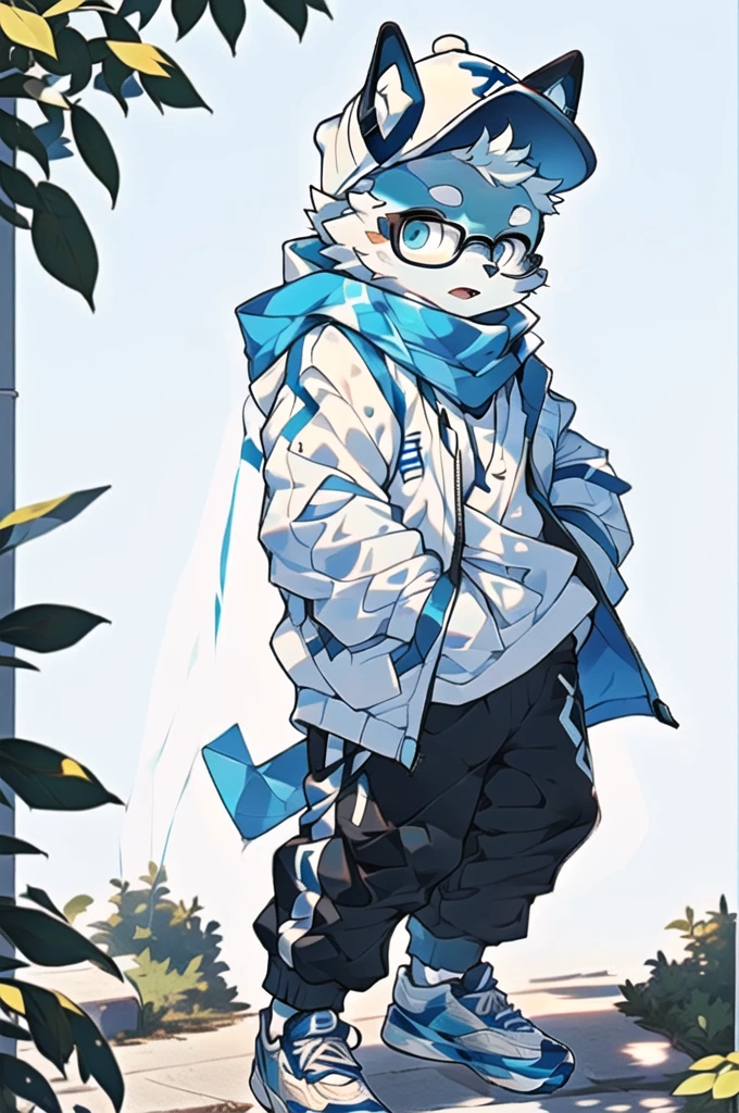 In reality, it is an ordinary blue and white sweatshirt with a pair of breathable blue trousers,Wearing a pair of black-framed glasses,Wear white sneakers,Wearing a white hat from time to time,Some people wear a white scarf when they feel cold.,Juvenile Body Type,Medium build