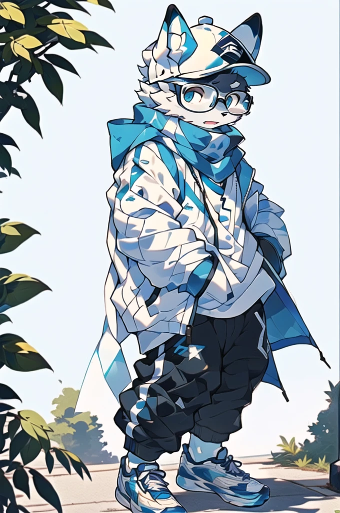 In reality, it is an ordinary blue and white sweatshirt with a pair of breathable blue trousers,Wearing a pair of black-framed glasses,Wear white sneakers,Wearing a white hat from time to time,Some people wear a white scarf when they feel cold.,Juvenile Body Type,Medium build