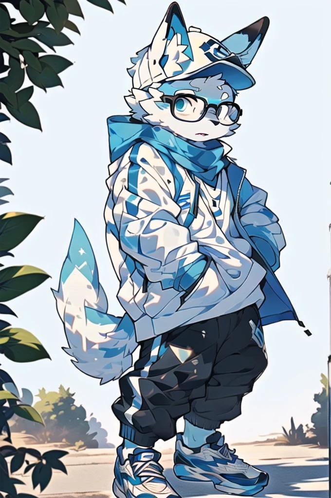 In reality, it is an ordinary blue and white sweatshirt with a pair of breathable blue trousers，Wearing a pair of black-framed glasses，Wear white sneakers，Wearing a white hat from time to time，Some people wear a white scarf when they feel cold.，Juvenile Body Type，Medium build