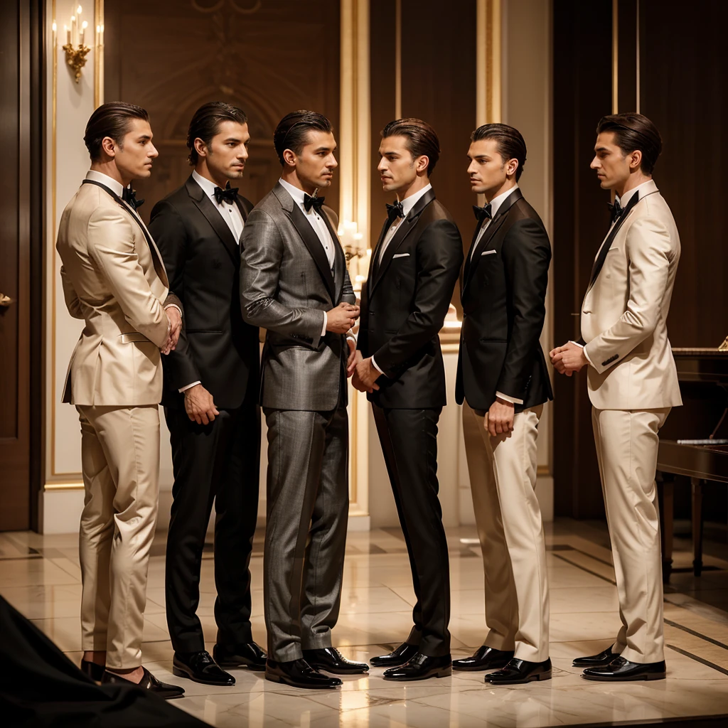 Capture the elegance and sophistication of four individuals, comprising four men. The four men don black tuxedos, They stand side by side on the grand opera stage, exuding an air of utmost refinement and poise. Ensure the image is a realistic, ultra HD portrayal of this scene.