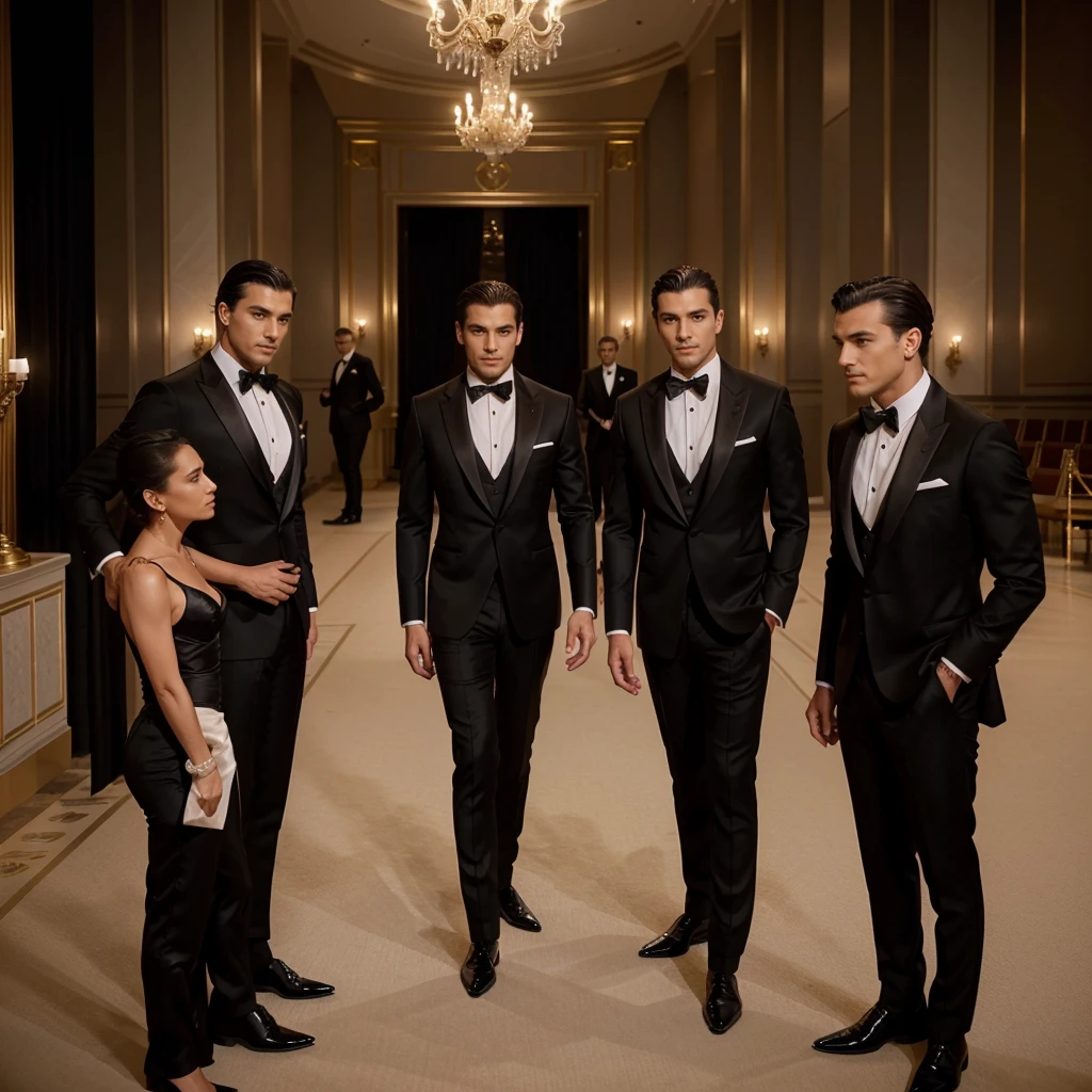 Capture the elegance and sophistication of four individuals, comprising four men. The four men don black tuxedos, They stand side by side on the grand opera stage, exuding an air of utmost refinement and poise. Ensure the image is a realistic, ultra HD portrayal of this scene.