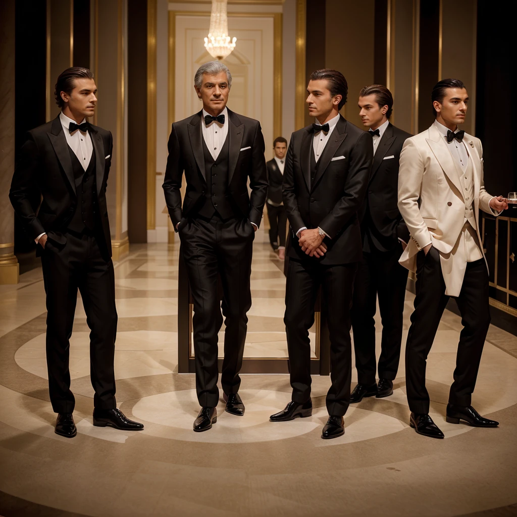 Capture the elegance and sophistication of four individuals, comprising four men. The four men don black tuxedos, They stand side by side on the grand opera stage, exuding an air of utmost refinement and poise. Ensure the image is a realistic, ultra HD portrayal of this scene.