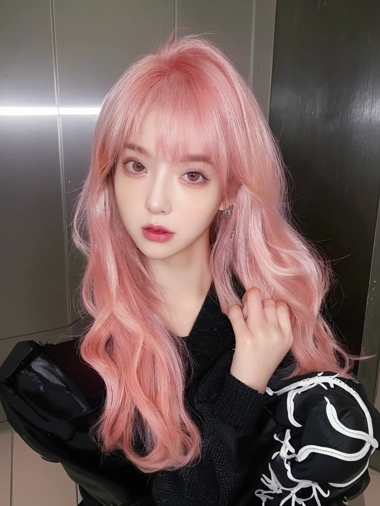 8K high quality,1 woman,Fluorescent pink hair:1.5,Look at the camera