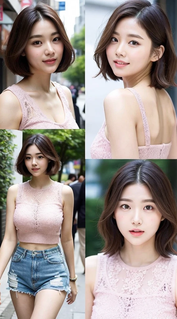 ((best qualtiy,8K,tmasterpiece:1.3)),Beautiful Women with Perfect Figure:1.4,glute:1.2,(Layered Hair Style:1.2)),(the street:1.3),Highly Detailed Face and Skin Textur,full bodyesbian,Elaborate Eyes,double eyelid,Whitens the skin,Short wave hair,Cute Korean beauty(with a round face:1.5),(Pink top,short skirt:1.6)ssmile