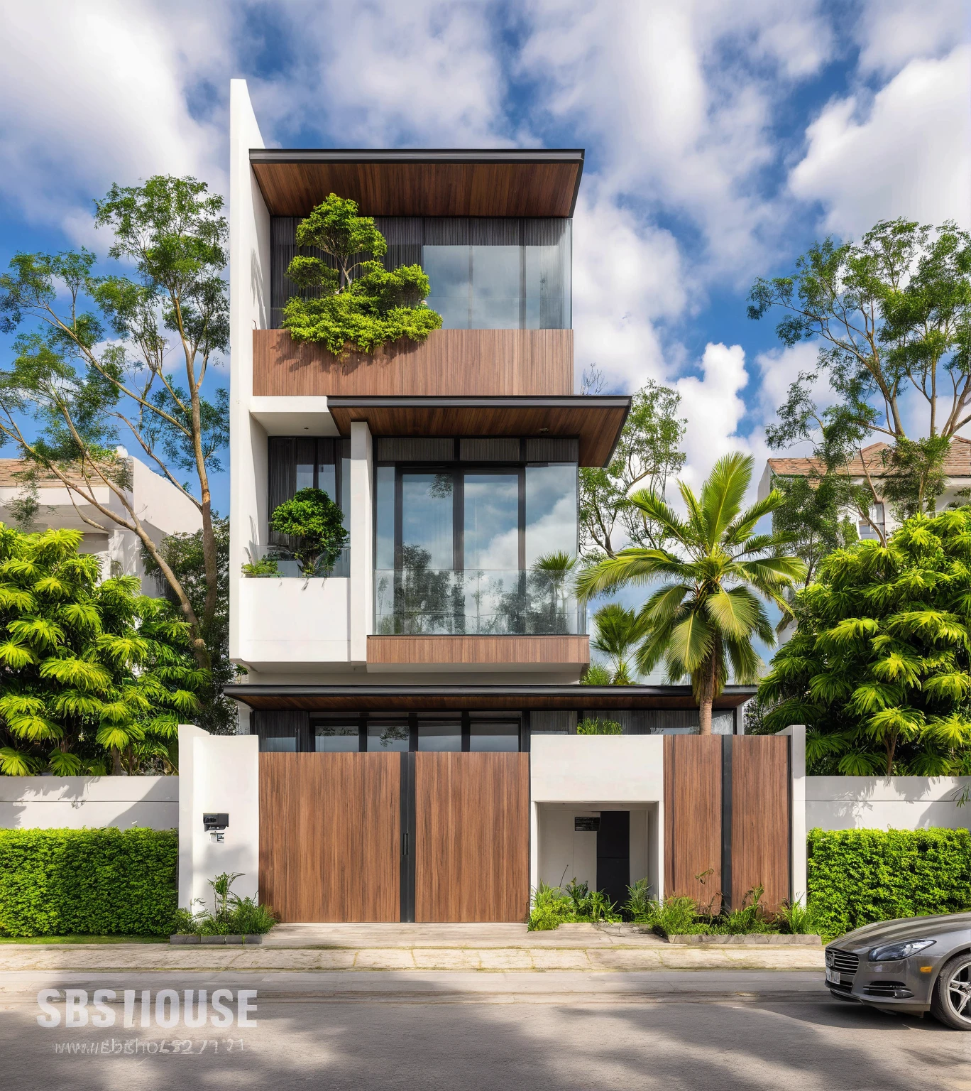 Raw photo,Masterpiece, high quality, best quality, authentic, super detail, outdoors, house style modern,bietthuhn, white wall, glass windows, gate road,pavement, grass, trees, sky, cloud, (day:1.1),