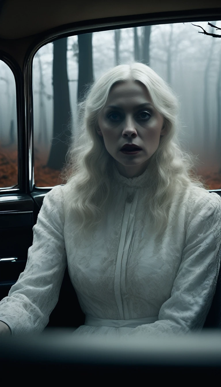 Inside the car, the White Lady in white slowly turns her head towards the driver, revealing a pale, haunting face with dark eyes. The driver's expression is one of fear and shock. The car interior remains dimly lit, with the foggy forest road and twisted trees visible through the windows. Cinematic, high contrast, spooky.