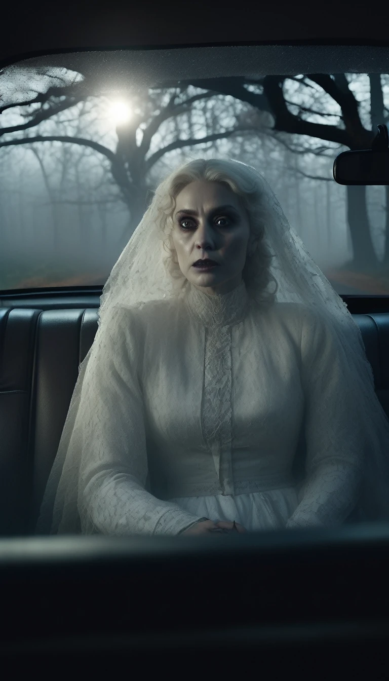 Inside the car, the White Lady in white slowly turns her head towards the driver, revealing a pale, haunting face with dark eyes. The driver's expression is one of fear and shock. The car interior remains dimly lit, with the foggy forest road and twisted trees visible through the windows. Cinematic, high contrast, spooky.