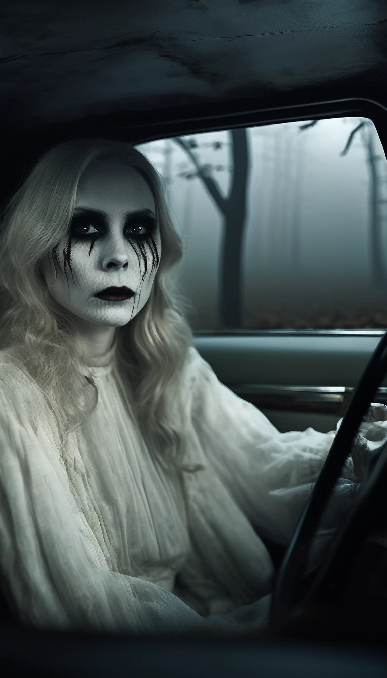 Inside the car, the White Lady in white slowly turns her head towards the driver, revealing a pale, haunting face with dark eyes. The driver's expression is one of fear and shock. The car interior remains dimly lit, with the foggy forest road and twisted trees visible through the windows. Cinematic, high contrast, spooky.