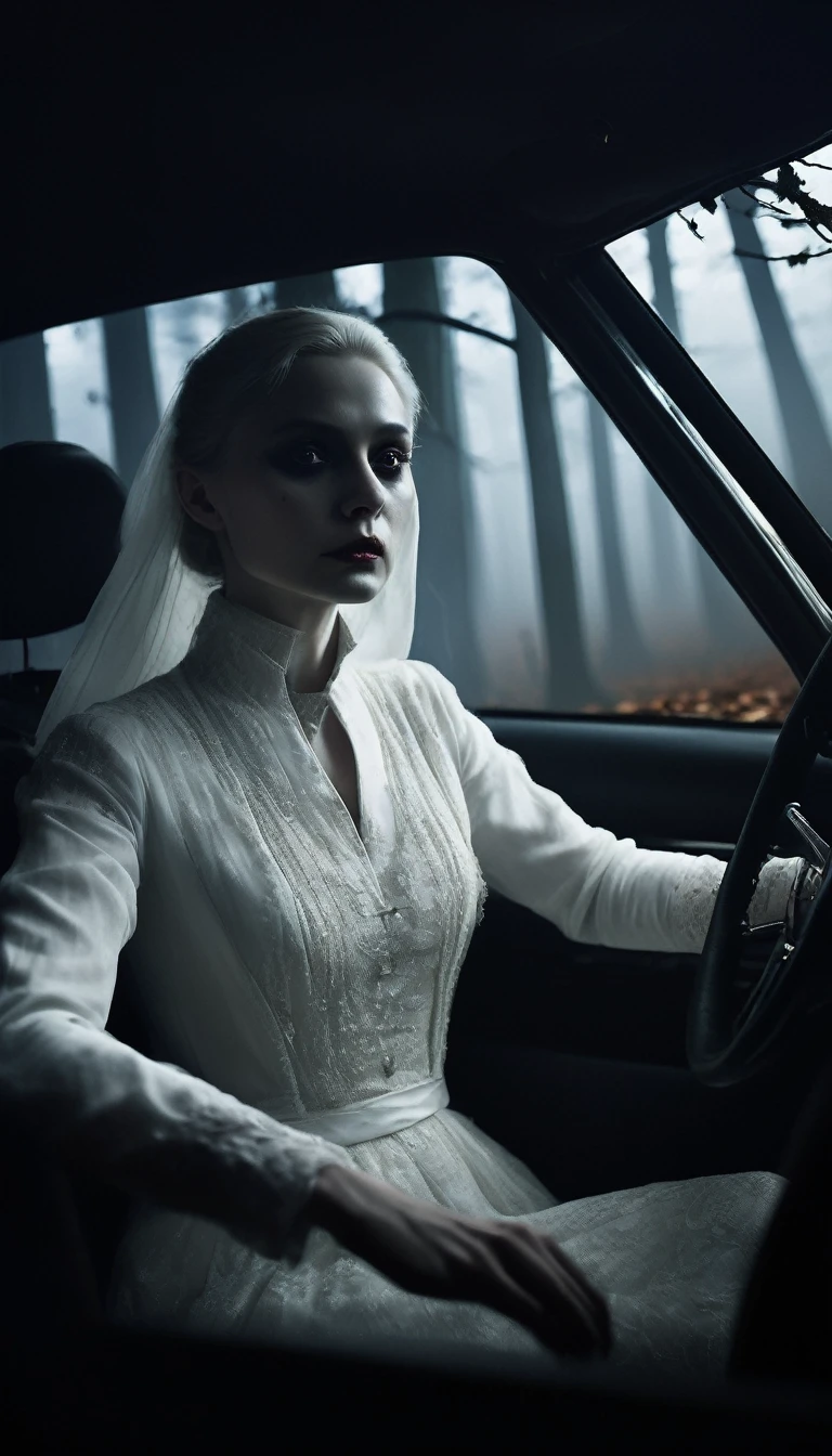 Inside the car, the White Lady in white slowly turns her head towards the driver, revealing a pale, haunting face with dark eyes. The driver's expression is one of fear and shock. The car interior remains dimly lit, with the foggy forest road and twisted trees visible through the windows. Cinematic, high contrast, spooky.