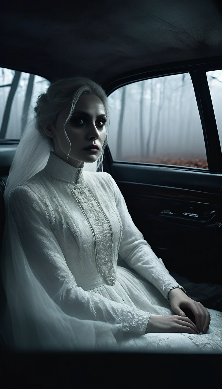 Inside the car, the White Lady in white slowly turns her head towards the driver, revealing a pale, haunting face with dark eyes. The driver's expression is one of fear and shock. The car interior remains dimly lit, with the foggy forest road and twisted trees visible through the windows. Cinematic, high contrast, spooky.