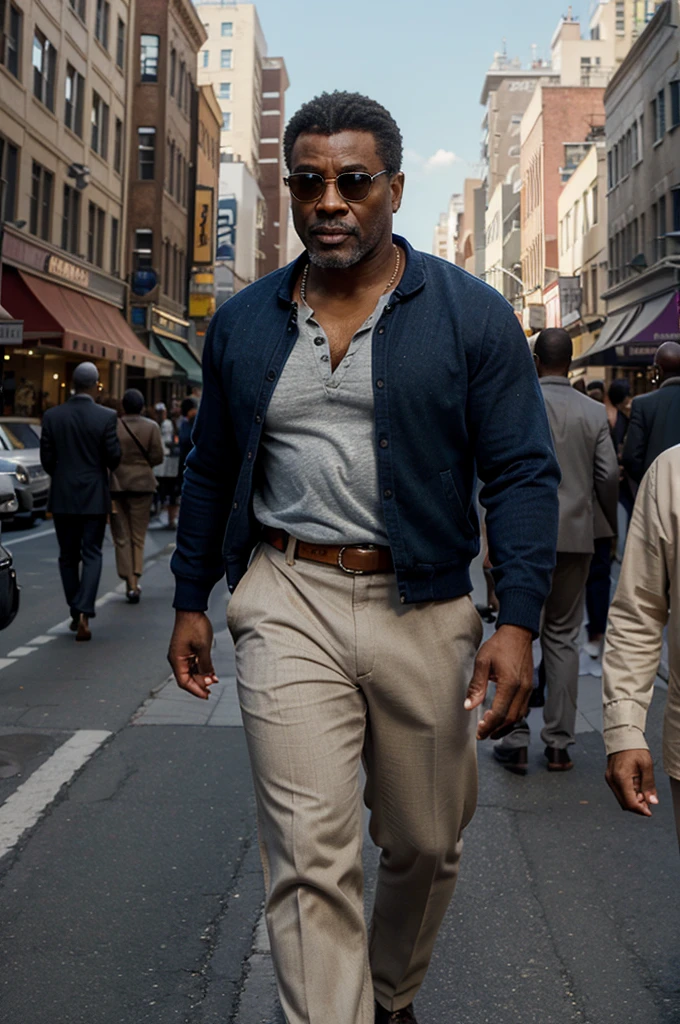 A waist-length portrait of a handsome, middle-aged African-American character, well built, wearing mature clothes, in the style of Pixar animation, walking on a busy street in a big city, carriages, people, Dynamic Action Poses, rise sun,  rich colors , Unreal 3D rendering engine , octane rendering , intrincately detailed, 8K, Pixar animation.