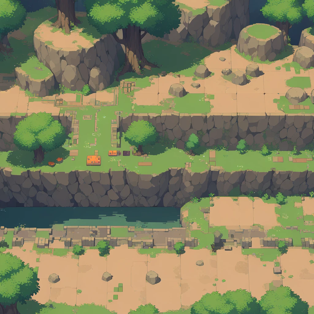 retro video game style,pixelated, vibrant pastel colors,8-bit characters,blocky shapes,sharp lines,detailed shading,classic gaming vibe,nostalgic atmosphere,classic arcade games,masterpiece:1.2,ultra-detailed,illustration style, 2d texture, stone texture, 4 k seamless mud texture, video game texture, dirt texture, tileset, game tiles, grass, 3/4th perspective trees, 3/4th perspective tileable rock texture, 3/4th perspective tileable cliff formations, tileable trees, topdown view, game texture, game art, tileable texture, very detailed cliff texture, intricate stones, top down view, 3/4th perspective