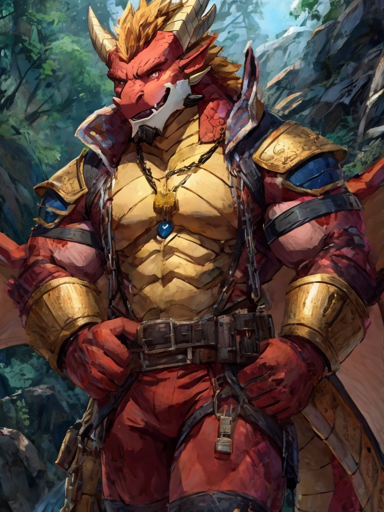 Red, Dragon, male, furry anime, thick, chubby, muscular, large pecktoral muscles, wearing Medieval adventure equipment, medieval times,anthro,doujin,yaoi,fantasy,isekai, adventure, barbarian