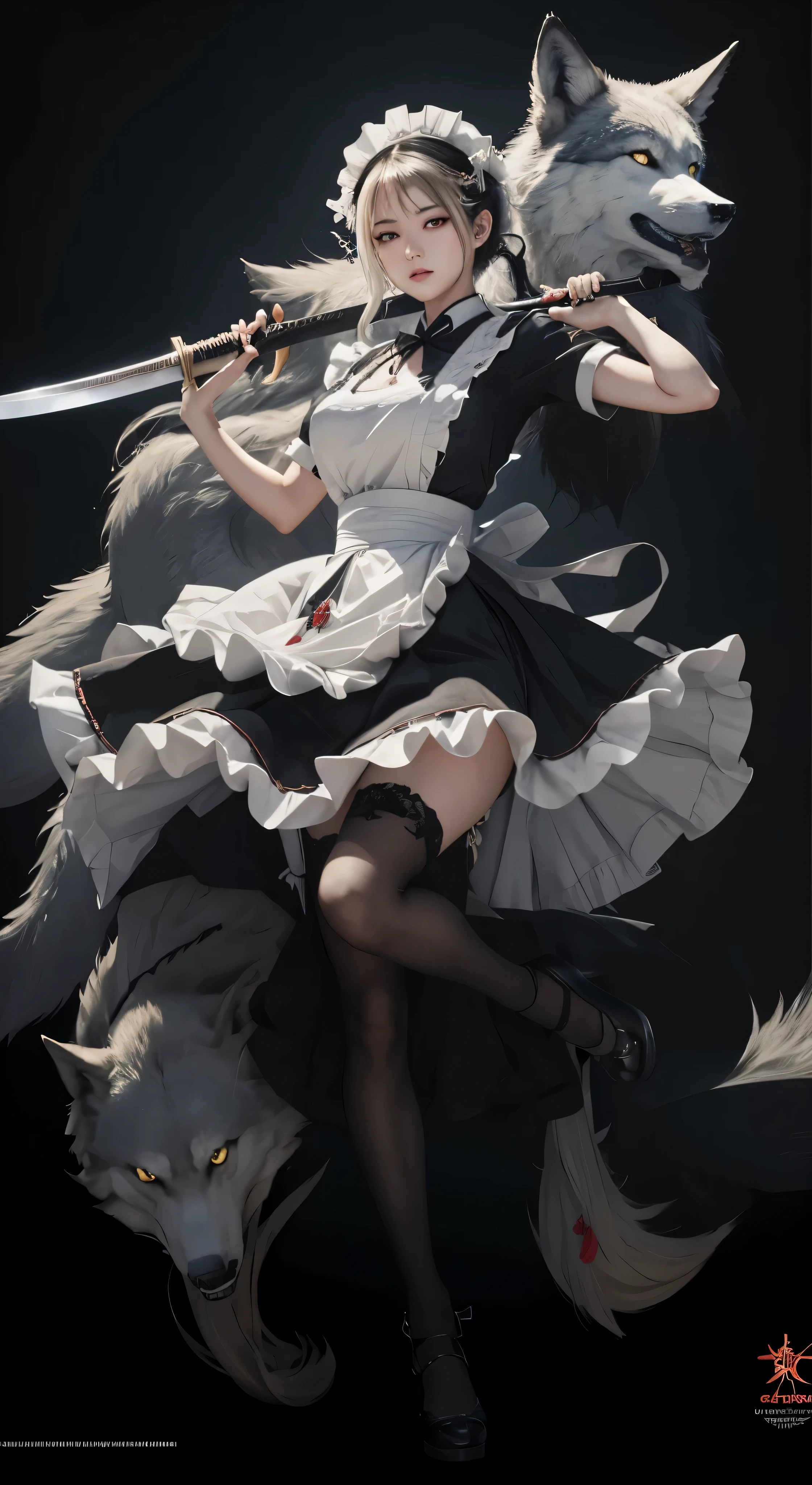 Properly holding a tanto or Japanese sword, (Very detailed CG unified 8k wallpaper), cool maid, Sexy maid outfit, Morbid expression, Two wolves emerge from the skirt, Mad eyes, 8K,tmasterpiece, Best quality,