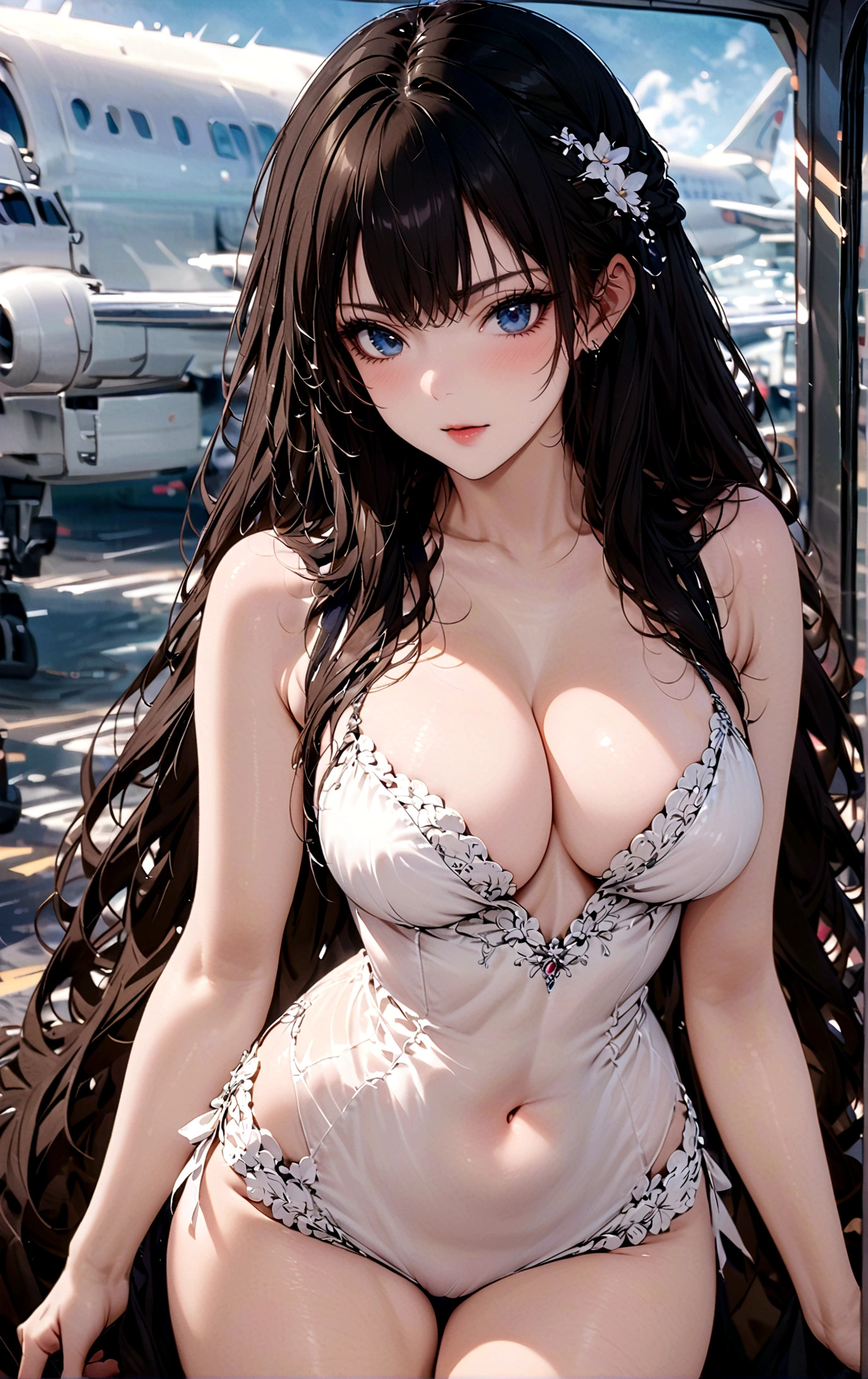 Long hair,Black Hair,beauty,((airplane)),Sexy