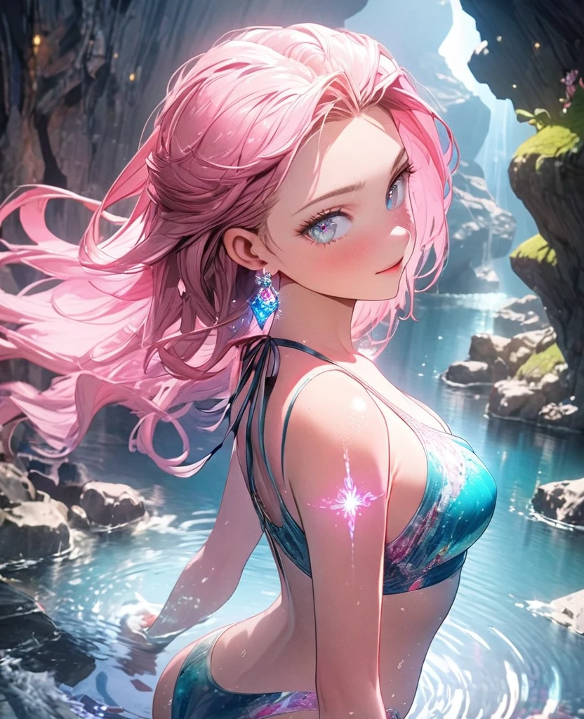 8K,gal，an extremely delicate and beautiful,Beautiful and realistic skin,Shiny jewel-like earrings,glowing tattoo,Long pink hair,beautiful eyes,whole body,beautiful regs,beautiful swimsuit, Shining brightly cave lake
