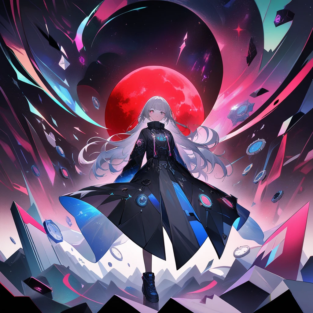 Surreal anime-style album cover depicting a world where time has stopped. A futuristic anime girl stands amidst a void filled with broken clocks and fragmented realities.

Character:
- Long asymmetrical silver hair with electric blue tips, appearing to float in zero gravity
- Heterochromia eyes: one bright blue, one deep purple, with a determined yet haunted expression
- High-tech Harajuku-inspired outfit with glowing LED accents and cyberpunk accessories
- Pose suggests movement forward, defying the stagnant world around her

Background:
- Endless dark void filled with floating, broken clocks of various sizes and styles
- Shattered mirrors reflecting distorted images of past and future
- Fragments of cityscapes, nature, and abstract shapes suspended in space
- A massive, crimson moon as the only consistent celestial body

Atmosphere:
- Ethereal, dreamlike quality with a sense of timelessness and despair
- Color palette: Predominantly grayscale with bursts of color from the character, clock faces, and the red moon
- Swirling mists or digital glitches adding to the surreal ambiance

Composition:
- Character placed slightly off-center, appearing to walk on an invisible path
- Broken clocks and mirrors creating a spiral pattern leading to the red moon
- Dynamic arrangement of elements to create a sense of chaotic stillness

Style:
- Combine detailed anime character art with abstract, surrealist background elements
- Employ a mix of sharp, clean lines for the character and softer