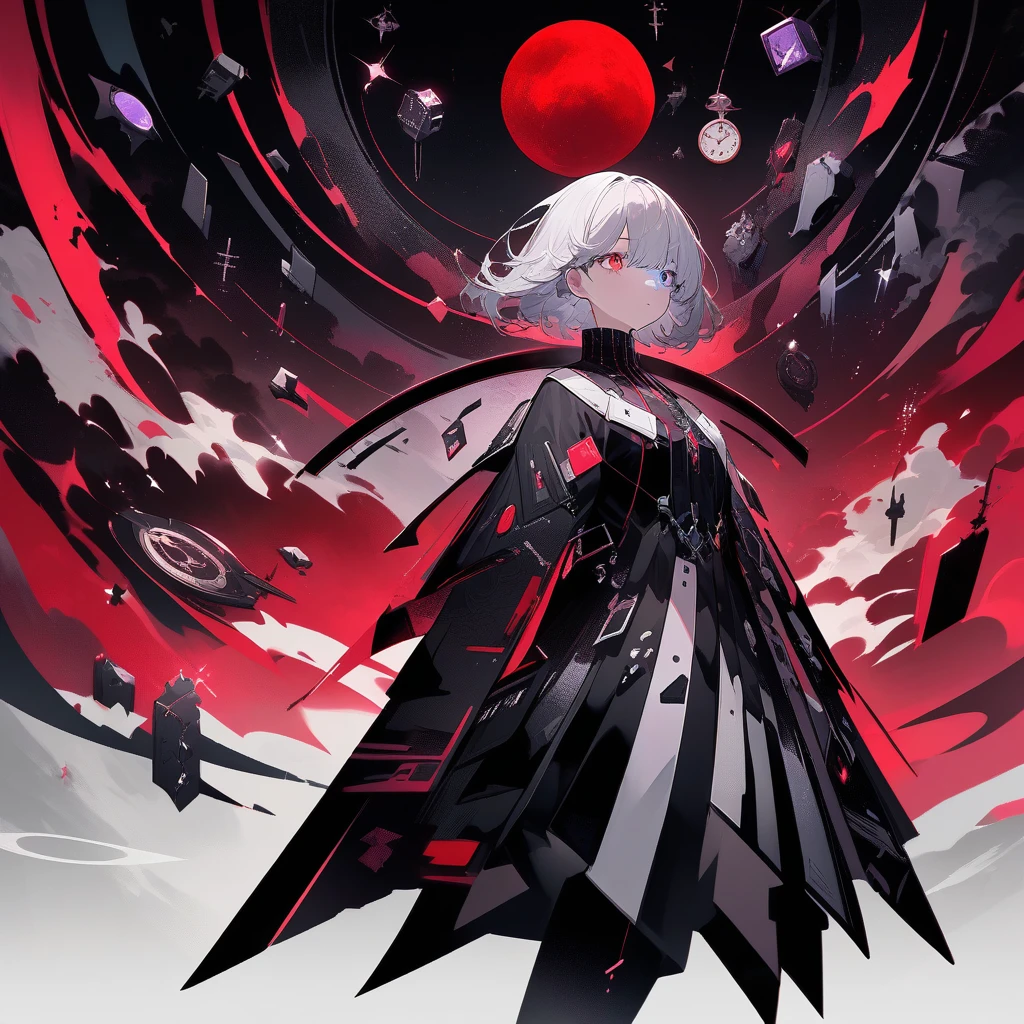 Surreal anime-style album cover depicting a world where time has stopped. A futuristic anime girl stands amidst a void filled with broken clocks and fragmented realities.

Character:
- Long asymmetrical silver hair with electric blue tips, appearing to float in zero gravity
- Heterochromia eyes: one bright blue, one deep purple, with a determined yet haunted expression
- High-tech Harajuku-inspired outfit with glowing LED accents and cyberpunk accessories
- Pose suggests movement forward, defying the stagnant world around her

Background:
- Endless dark void filled with floating, broken clocks of various sizes and styles
- Shattered mirrors reflecting distorted images of past and future
- Fragments of cityscapes, nature, and abstract shapes suspended in space
- A massive, crimson moon as the only consistent celestial body

Atmosphere:
- Ethereal, dreamlike quality with a sense of timelessness and despair
- Color palette: Predominantly grayscale with bursts of color from the character, clock faces, and the red moon
- Swirling mists or digital glitches adding to the surreal ambiance

Composition:
- Character placed slightly off-center, appearing to walk on an invisible path
- Broken clocks and mirrors creating a spiral pattern leading to the red moon
- Dynamic arrangement of elements to create a sense of chaotic stillness

Style:
- Combine detailed anime character art with abstract, surrealist background elements
- Employ a mix of sharp, clean lines for the character and softer