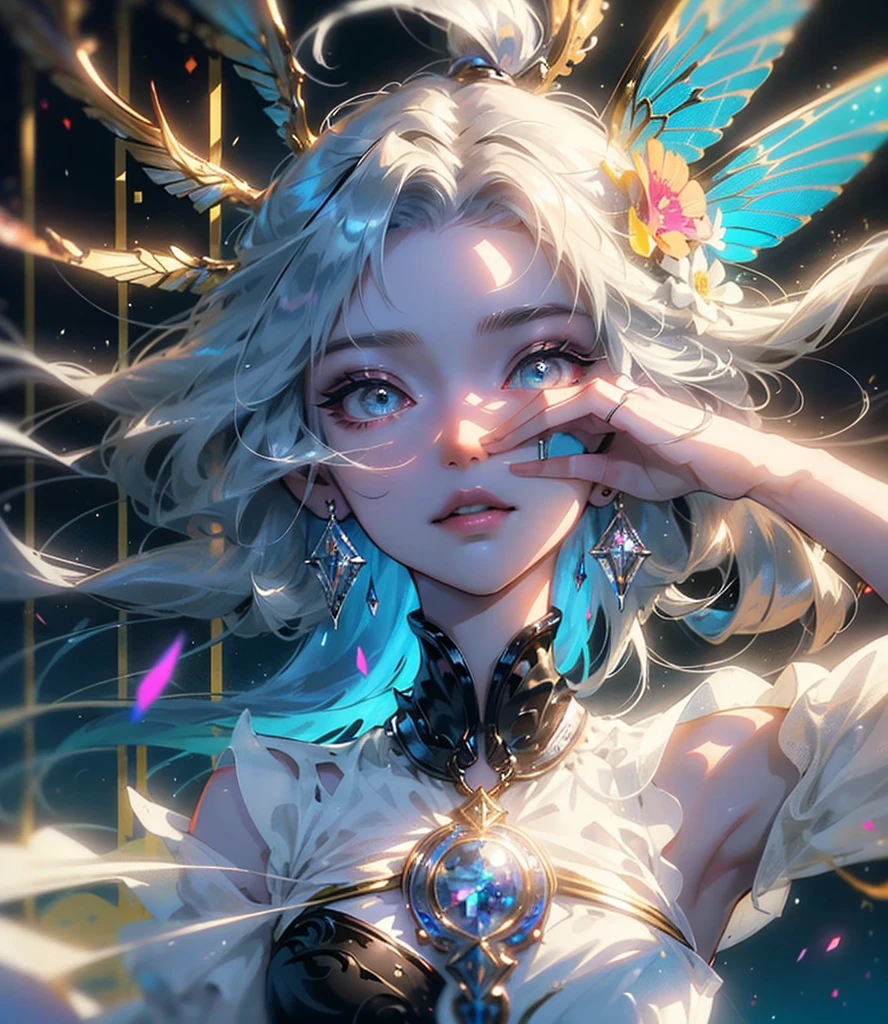 (((Masterpiece))), (((Best quality))), ((Ultra-detailed)),(Highly detailed CG illustration), ((An extremely delicate and beautiful)),Cinematic light, Create stunning fantasy artwork，fairy fantasy，the Flower Fairy，Transparent butterfly wings，Fairy stick，Lots of flowers，A skirt blown by the wind，Fluttering strands of hair，Side Body，ventania:1.3，dyna，brightly colored，Exudes an aura of mystery and magic. Pay close attention to intricate facial features, For example, mesmerizing eyes，smile，brightly， The character's clothes should be designed to be as light as the wings of a cicada， Subtle iridescent details. Blend in with fantastic colors, Dynamic lighting, and detailed background elements，Consider the latest trends in fantasy art, such as incorporating unique lighting effects, Explore dynamic and engaging composition techniques, And try a unique color palette. Take inspiration from top artists on ArtStation and Midjourney. camera: Choose an angle that highlights the beauty of your character，Enhance the magical majesty of the artwork. lighting: Use atmospheric lighting technology to create depth and atmosphere. Resolution: Aim for high-resolution artwork，to showcase intricate detail and clarity. Artistic inspiration: Get inspiration from popular artists on ArtStation, Explore different styles