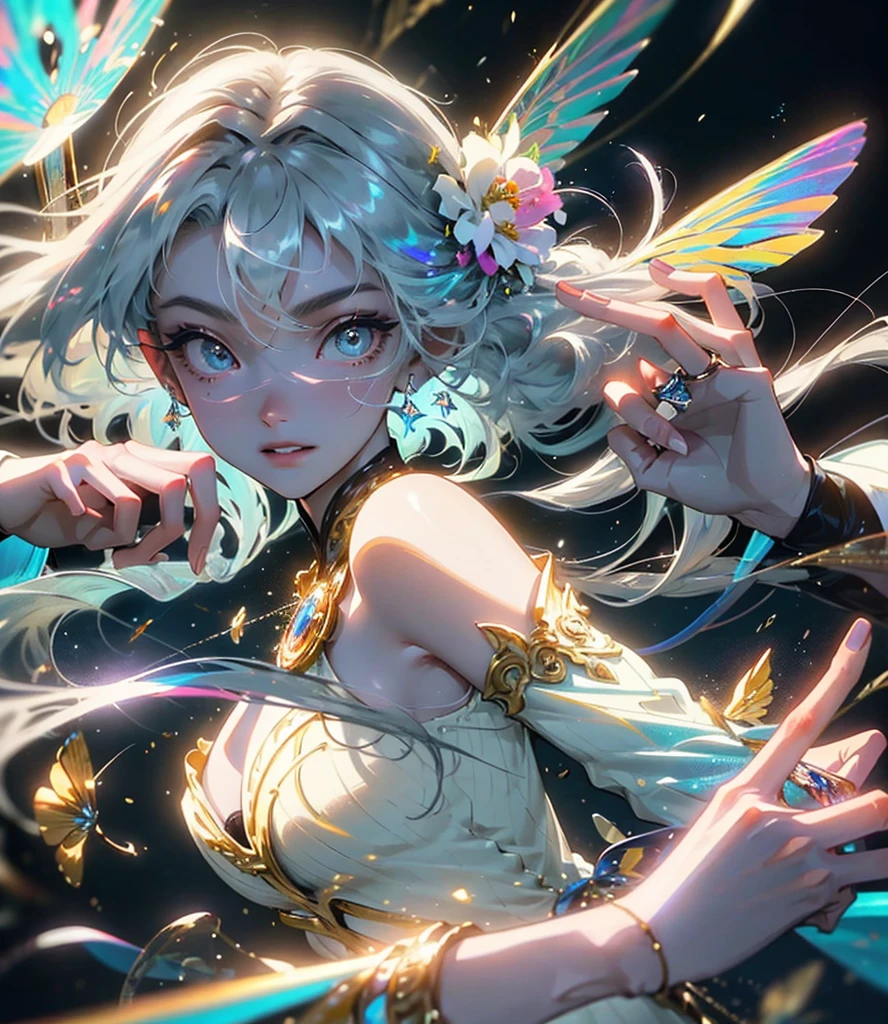 (((Masterpiece))), (((Best quality))), ((Ultra-detailed)),(Highly detailed CG illustration), ((An extremely delicate and beautiful)),Cinematic light, Create stunning fantasy artwork,fairy fantasy,the Flower Fairy,Transparent butterfly wings,Fairy stick,Lots of flowers,A skirt blown by the wind,Fluttering strands of hair,Side Body,ventania:1.3,dyna,brightly colored,Exudes an aura of mystery and magic. Pay close attention to intricate facial features, For example, mesmerizing eyes,smile,brightly, The character's clothes should be designed to be as light as the wings of a cicada, Subtle iridescent details. Blend in with fantastic colors, Dynamic lighting, and detailed background elements,Consider the latest trends in fantasy art, such as incorporating unique lighting effects, Explore dynamic and engaging composition techniques, And try a unique color palette. Take inspiration from top artists on ArtStation and Midjourney. camera: Choose an angle that highlights the beauty of your character,Enhance the magical majesty of the artwork. lighting: Use atmospheric lighting technology to create depth and atmosphere. Resolution: Aim for high-resolution artwork,to showcase intricate detail and clarity. Artistic inspiration: Get inspiration from popular artists on ArtStation, Explore different styles