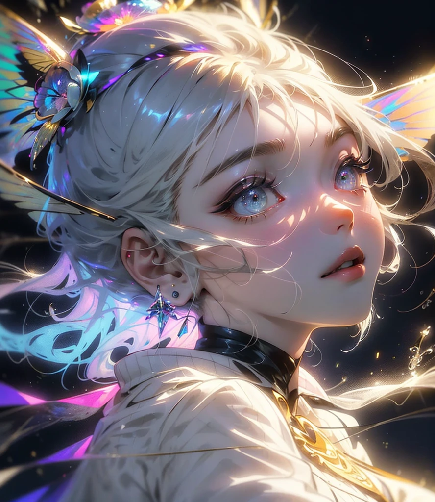 (((Masterpiece))), (((Best quality))), ((Ultra-detailed)),(Highly detailed CG illustration), ((An extremely delicate and beautiful)),Cinematic light, Create stunning fantasy artwork,fairy fantasy,the Flower Fairy,Transparent butterfly wings,Fairy stick,Lots of flowers,A skirt blown by the wind,Fluttering strands of hair,Side Body,ventania:1.3,dyna,brightly colored,Exudes an aura of mystery and magic. Pay close attention to intricate facial features, For example, mesmerizing eyes,smile,brightly, The character's clothes should be designed to be as light as the wings of a cicada, Subtle iridescent details. Blend in with fantastic colors, Dynamic lighting, and detailed background elements,Consider the latest trends in fantasy art, such as incorporating unique lighting effects, Explore dynamic and engaging composition techniques, And try a unique color palette. Take inspiration from top artists on ArtStation and Midjourney. camera: Choose an angle that highlights the beauty of your character,Enhance the magical majesty of the artwork. lighting: Use atmospheric lighting technology to create depth and atmosphere. Resolution: Aim for high-resolution artwork,to showcase intricate detail and clarity. Artistic inspiration: Get inspiration from popular artists on ArtStation, Explore different styles