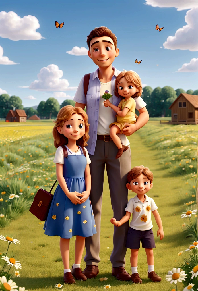 family, Young mother, young dad, , holding hands, Go, Chamomile field, smiling, dad has a book in his hand, mom has a bouquet of daisies in her hand, the sun is shining, blue sky, White clouds, Butterflies fly