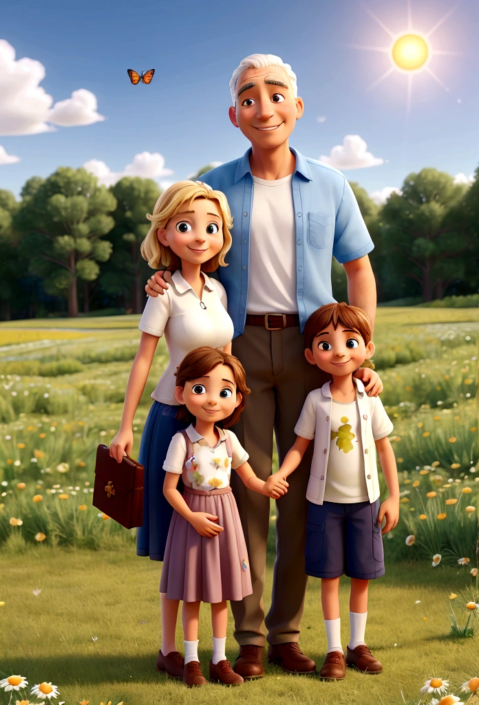 family, Young mother, young dad, , holding hands, Go, Chamomile field, smiling, dad has a book in his hand, mom has a bouquet of daisies in her hand, the sun is shining, blue sky, White clouds, Butterflies fly