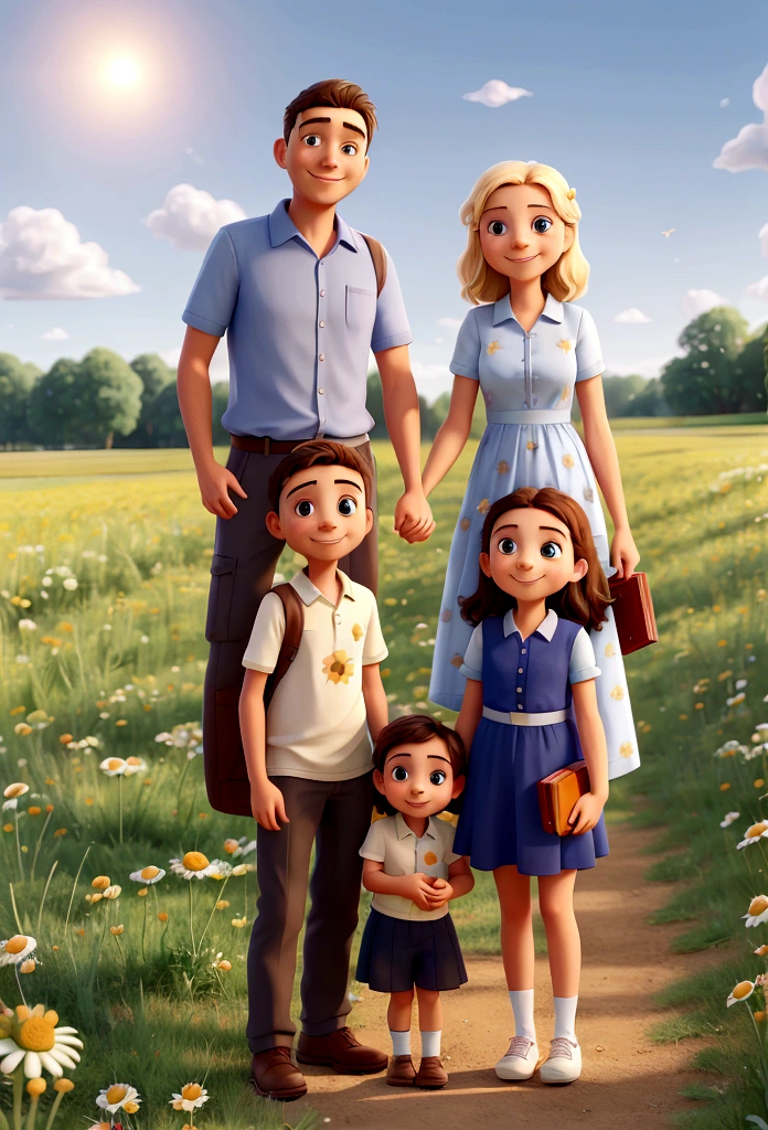 family, Young mother, young dad, , holding hands, Go, Chamomile field, smiling, dad has a book in his hand, mom has a bouquet of daisies in her hand, the sun is shining, blue sky, White clouds, Butterflies fly