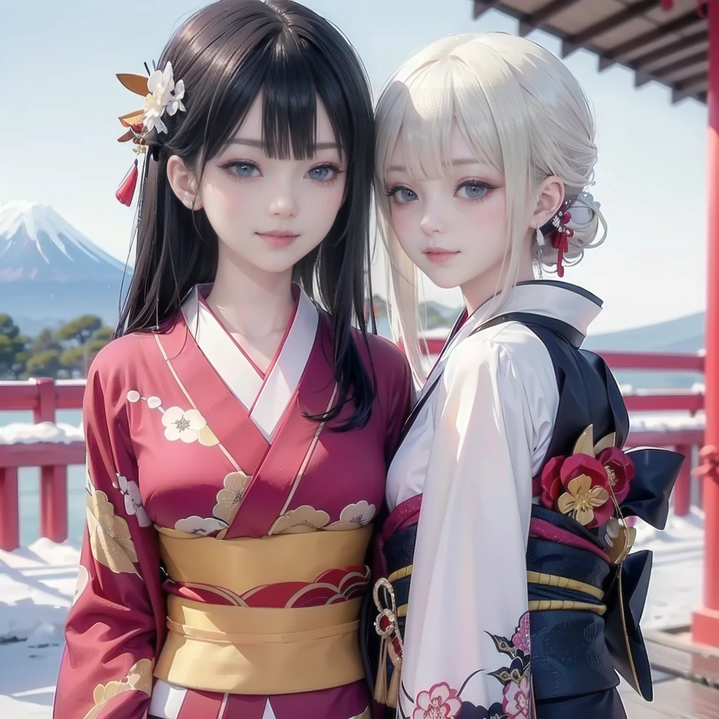 (masterpiece, Highest quality),8K,close,Warm lighting,bangs、smile、look forward to、
best quality, masterpiece, New Year, (Kimono with strikingly beautiful colors:1.7),
Three Japanese high-school cute girls, looking straight,
gently smiling, white short scarf, white feather shawl,
(separately side by side:1.4), (The image shows only the upper body:1.7),
shrine background, (mount Fuji:1.3),winter(season),(outdoors:1.5)