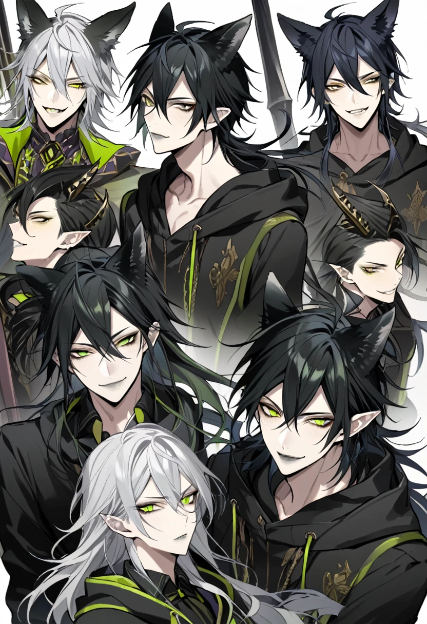malleus draconia (twisted wonderland) horns, bishounen, boy, male, yana Toboso style, long hair, black hair, yellow green eyes, smile, gray lips, handsome, skinny, tall, yellow green, Beautiful youth, Silver Hair, Yellow Eyes, Long Hair, Long, narrow eyes, Black hoodie with wolf ears, White Background, Dog Pose, Raise your shoulders, Flying black heart,high quality, Draw Amount, Pixiv illustration