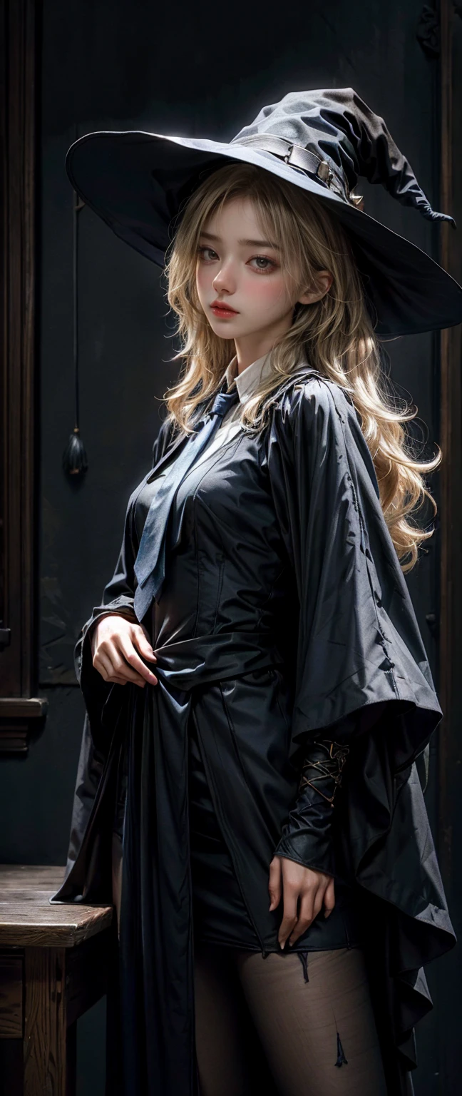 Witch Girl,Long, light blonde hair,Black-blue witch ,Wear a blue tie, Highest quality, Highest picture quality, high resolution, realistic, 8K, Highly detailed,In a small dark medieval room