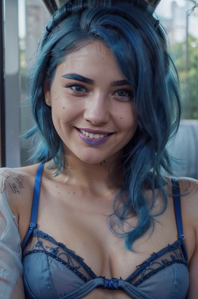 (1 beautiful young white girl), (blue colored eyeulticolored hair style), (slender), (medium breasts), (perky), (Professional photography), (Professional Lighting), (full body portrait), (naked), (smiling), (earrings), (suck a mans 10 inch dick), (in a bedroom)