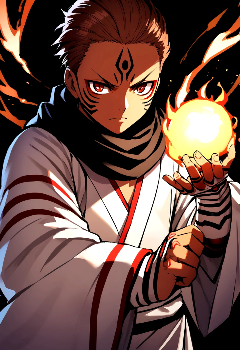 ryomen sukuna, fireball in hand, ready to fight, upper body, no background, white kimono, wide sleeves, black scarf