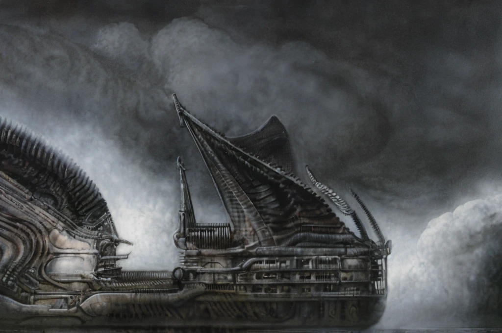 The image is a detailed view of H.R. Giger's biomechanical tableau \" Landscape XVI \" plate, featuring.
(airbrush painting, Giger's alien in front of broken alien ship in landscape, natural light, sharp focus, illustration, highly detailed, digital painting, concept art, matte, art by gric and kozhanov and moebius and Alphonse Mucha, masterpiece, HDR ,UHD , uplight, in HRGigerArhP style);1.
surrealistic painting of a monster with multiple tentacles and a body that looks like a brain, surrounded by a chaotic scene of swirling clouds and other monsters
 It's a complex network of bones and organs in eldritch color scheme:a greenish-brown hue ,swirling gery and brown colors. The artwork is silverish and green brown, with an ivory bones prominently displayed. The image is highly detailed and intricate, almost like a 3d version of a medical sketchwork.   
The piece is a tableau, most likely created with a India ink pen or pencil on paper, determined by the thin lines, shading techniques, and the texture of the paper, which is visible around the edges.
Used is pen, given the shading and variations in line weight visible in the image. Artist have used a variety of stylus with different degrees of hardness to achieve the shading effects.
 The use of undersaturated green-grays dark contrasts creates a stark and graphic look. Is used a variety of linework techniques to create different textures. Fine, parallel lines create a smooth, metallic texture,while thicker, more cursive lines suggest cables or wires.
Light source from the top highlights skeletals, pper part of foreground, lower part of image is in shadowupper part of foreground, lower part of image is in shadow.
The art performance showcases the artist’s skills in observation and rendering. The level of detail in the piece suggests a close study of real bone specimens and mechanics. The artist has skillfully used shading techniques to create a convincing illusion of three-dimensionality on a flat surface. The wrinkles 