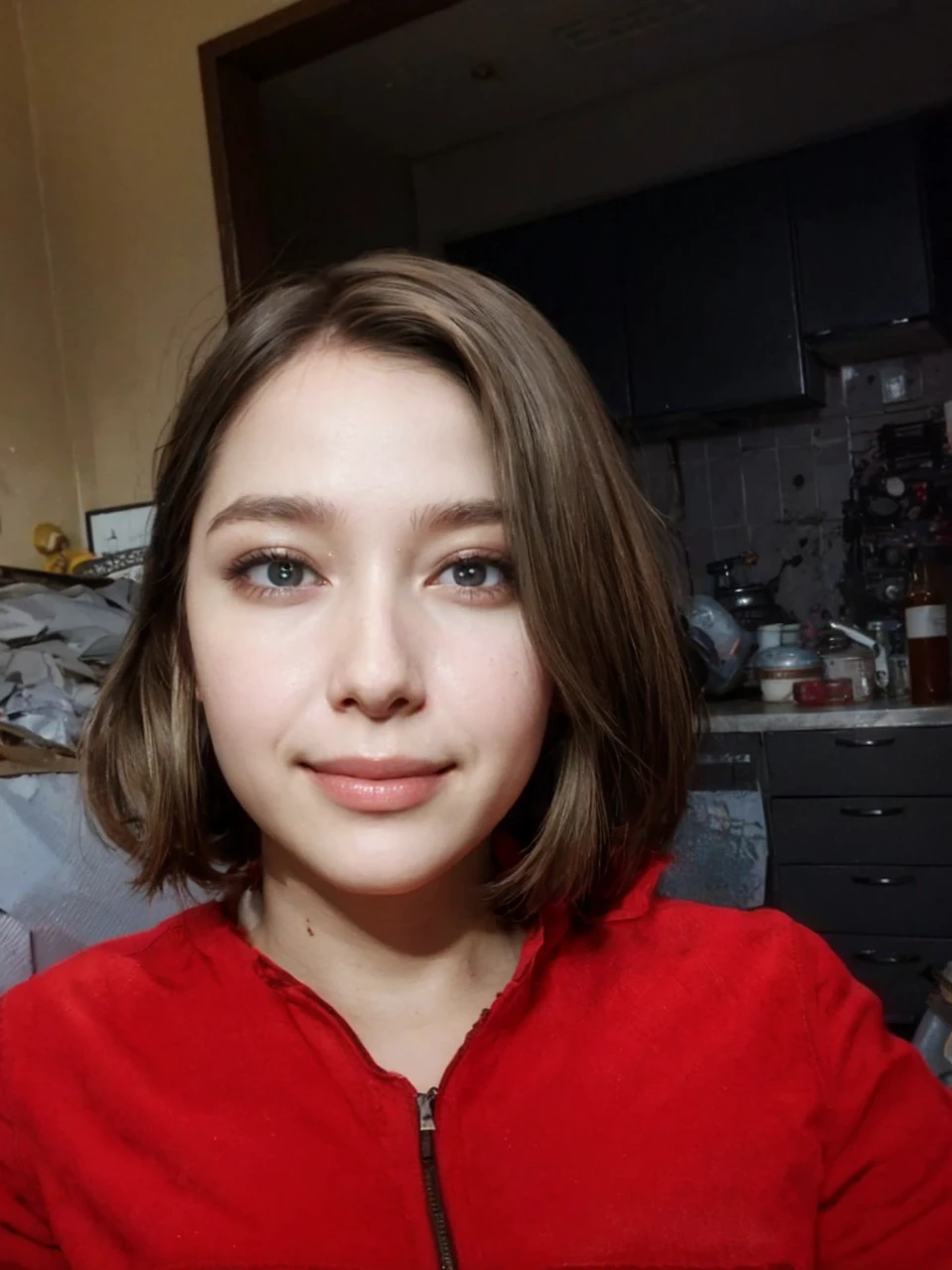 1girl, (realistic),(hyperrealism),(best quality),(masterpiece),(ultra high res),(photorealistic),idol,eye makeup,detailed eyes,detailed face,black dress, claireredfield2, brown hair, (red jacket:1.2), ponytail, (denim pants:1.3),, red wristband,, abandoned street, burning cars in background, littered street, smoke, chaos, zombie apocalypse, daytime, sunny,, hands in pocket, looking at viewer, smiling, closeup shot