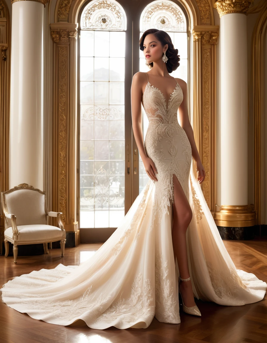 In a grand, historic ballroom adorned with opulent marble columns and intricate moldings, a beautiful girl with dark brown hair showcases an exquisite gown that radiates elegance and sophistication. The dress features delicate lace appliqué over a sheer nude base, accentuated by a dramatic high slit and a cascading train of layered tulle and lace. The soft lighting enhances the gown's intricate details, casting a warm, golden glow that complements the model's ensemble.
The setting is a luxurious ballroom with polished wooden floors and ornate architectural details. The model's hair is styled in vintage-inspired waves, perfectly framing her face and adding a touch of old Hollywood glamour. She wears sparkling diamond earrings and a matching bracelet, which catch the light as she moves. Her pose is poised and graceful, exuding confidence and allure.
On her feet are elegant, embellished heels that add a final touch of glamour to the ensemble. The overall scene is one of timeless beauty and grandeur, capturing the essence of high fashion in a magnificent setting.